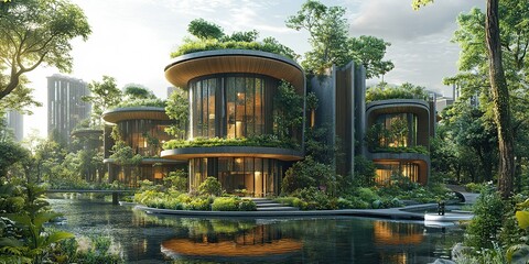 Obraz premium Innovative eco-friendly architecture surrounded by lush greenery in a tranquil urban setting during daylight hours