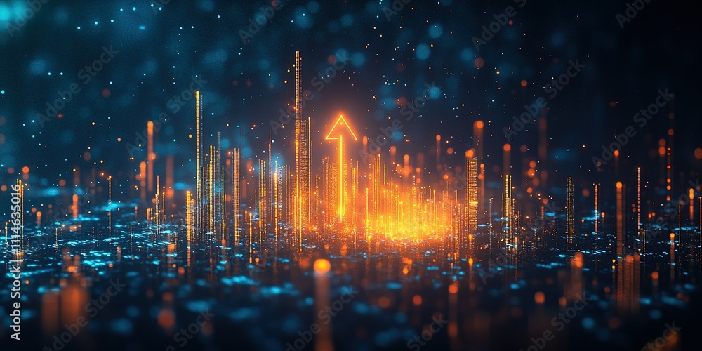Poster digital landscape with glowing data visualization and upward trend on a dark background