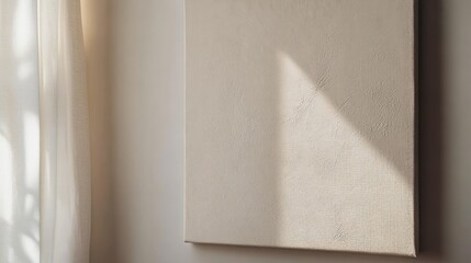 A minimalist wall with a textured canvas and soft natural light creating a serene atmosphere.