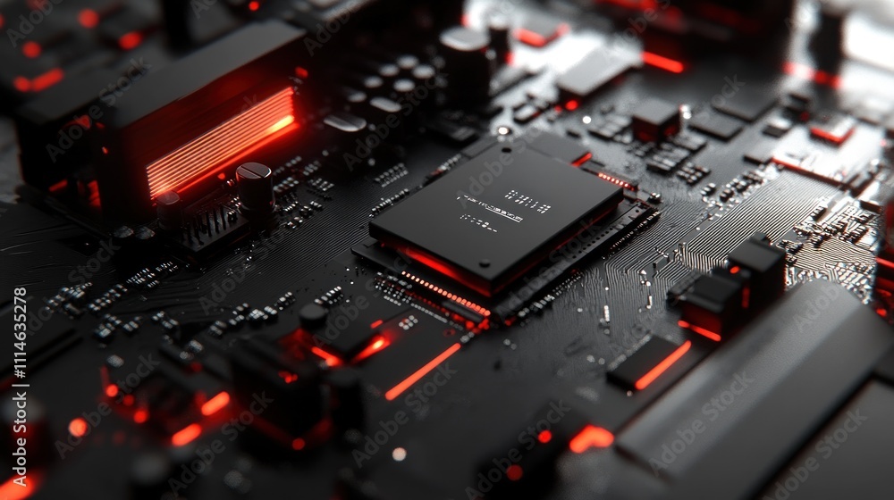 Poster Red illuminated central processing unit on a motherboard