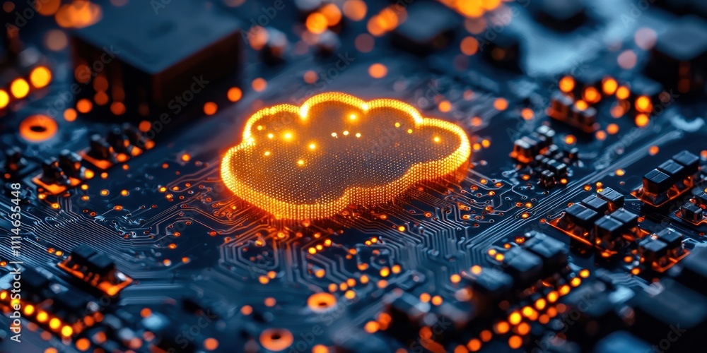 Poster illuminated cloud symbol on circuit board technology