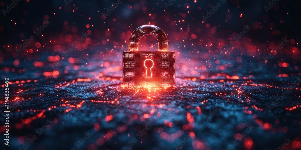 Poster glowing padlock symbol digital security network