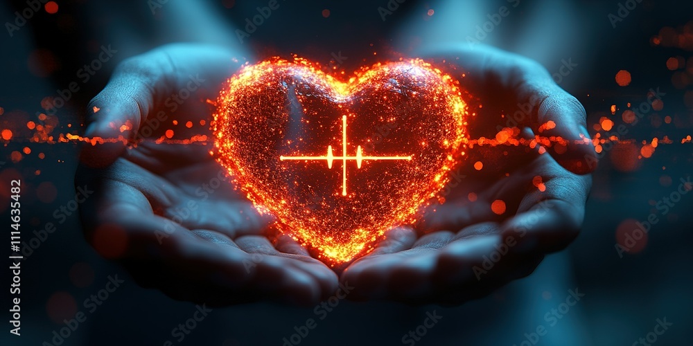 Poster hands holding a glowing heart symbolizing love and connection in a dark setting with a heartbeat lin