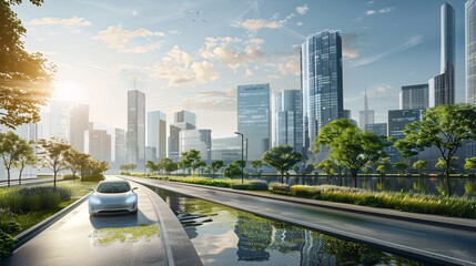 Obraz premium Stunning cityscape of modern skyscrapers and glass towers reflected in a serene lake surrounded by a lush green park