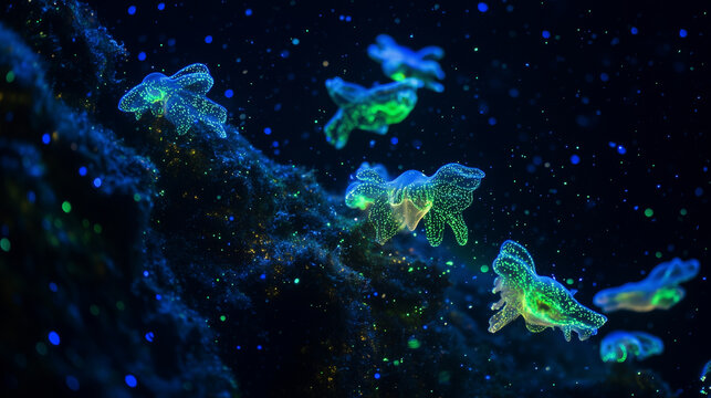 A bioluminescent deep-sea world glowing with strange, alien-like creatures and faint green and blue light