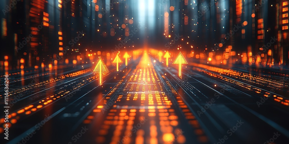 Poster abstract digital landscape with glowing arrows representing growth and progress in technology and da