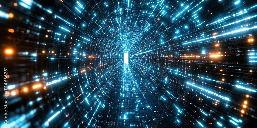 Poster exploring a futuristic tunnel of lights and data flow in a digital universe during a high-tech conce