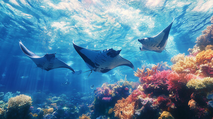 A vivid underwater scene of manta rays gliding through crystal-clear waters above a thriving coral reef