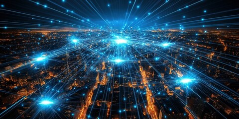 Obraz premium Urban night skyline illuminated by blue light beams representing digital connectivity over the cityscape