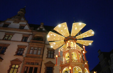 Leipzig, traditonal huge christmas pyramid at the Christmas market