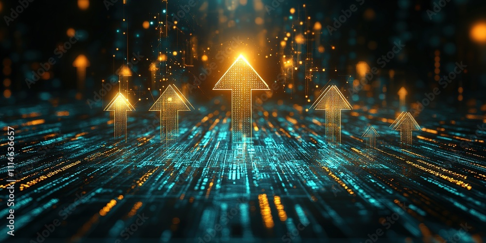 Poster digital arrows representing growth and progress with glowing effects in a futuristic setting