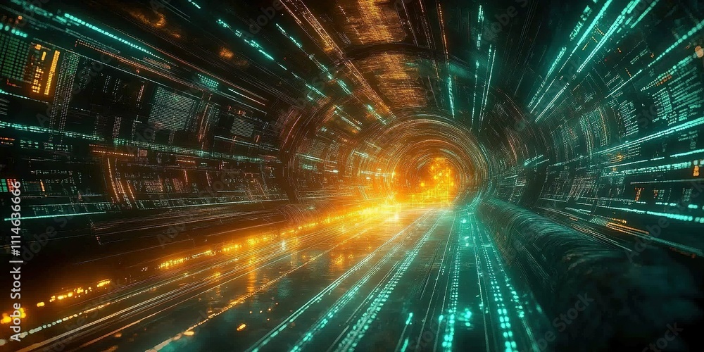 Poster digital tunnel with glowing lights and data streams representing a futuristic journey through techno