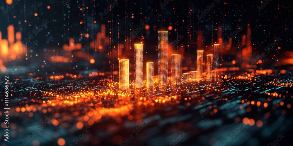 Poster digital visualization of glowing data metrics in a futuristic urban landscape