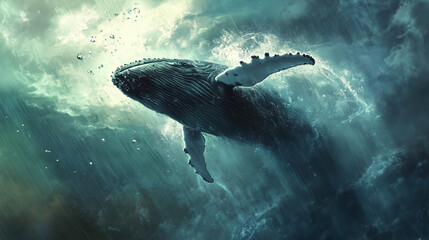 Fototapeta premium A dramatic view of a humpback whale breaching underwater, with bubbles and light ripples enhancing its massive presence