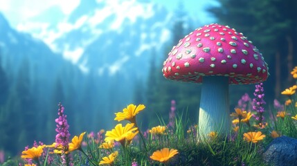 Red Mushroom. Red mushroom with white spots in wildflower meadow during sunrise, fantasy nature scene for spring gardening, outdoor adventure, fairy tale backdrop, vibrant green forest and mountain s