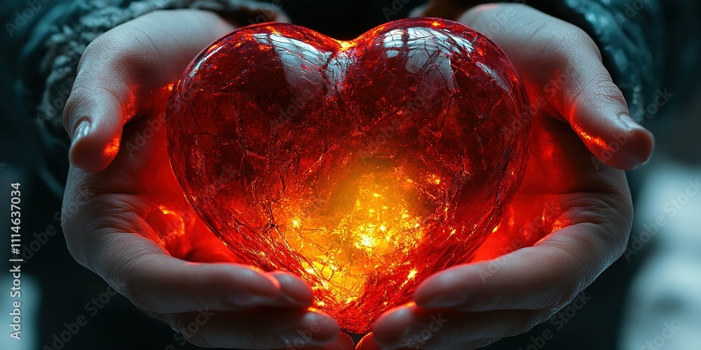 Poster hands holding a glowing red heart-shaped object in a cozy setting during twilight