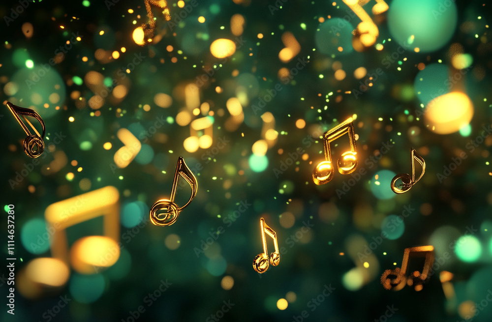 Poster music notes float gracefully in a shimmering background reminiscent of a concert atmosphere