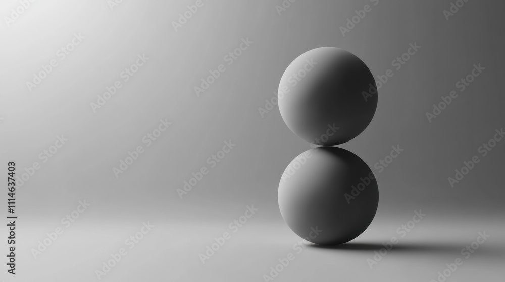 Poster two gray spheres balanced on a gray surface, illuminated by soft light, creating a minimalist, abstr