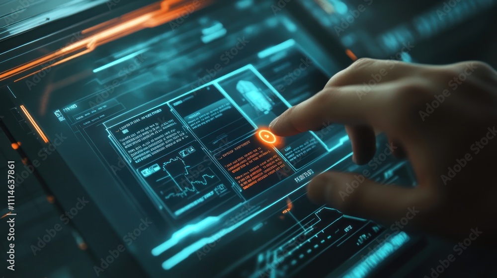 Poster hand interacting with futuristic digital interface screen