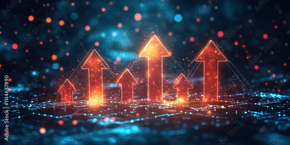 Aufkleber digital representation of growth with glowing arrows indicating upward progress in a futuristic sett