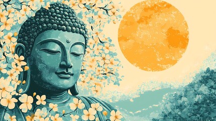Mystical illustration of a Buddha statue surrounded by serene energy, symbolizing peace and spiritual harmony in a meditative setting.