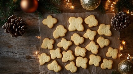 A rustic flat lay featuring butter cookies in holiday shapes, surrounded by festive baubles and twinkling lights