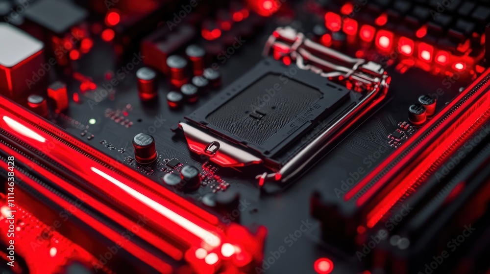 Aufkleber red illuminated computer motherboard close up