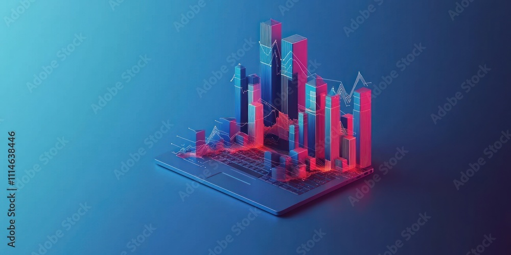 Poster data visualization showing growth charts on laptop