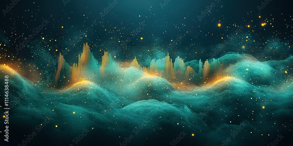 Poster visual representation of sound waves creating an ethereal landscape in vibrant colors and dynamic fo