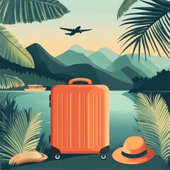 Fototapeta premium Tropical vacation luggage, hat, plane, boat, mountains, palm trees, sunset.