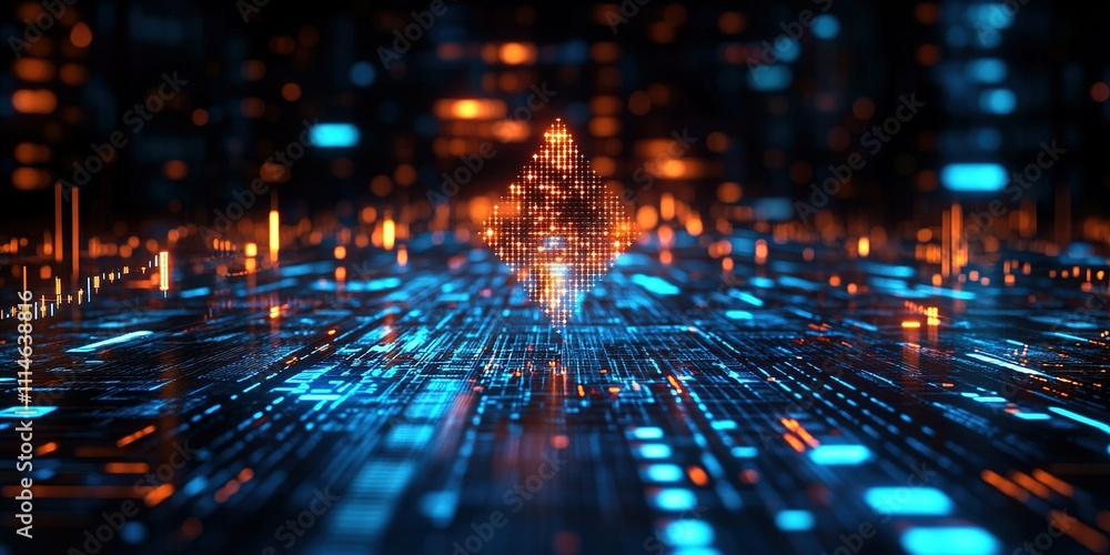 Poster digital landscape featuring glowing particles and data streams in a futuristic setting during nightt