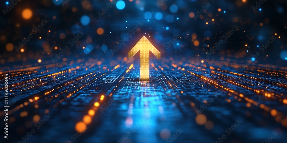 Poster digital arrow pointing upward with vibrant lights on a shimmering background during a futuristic dis