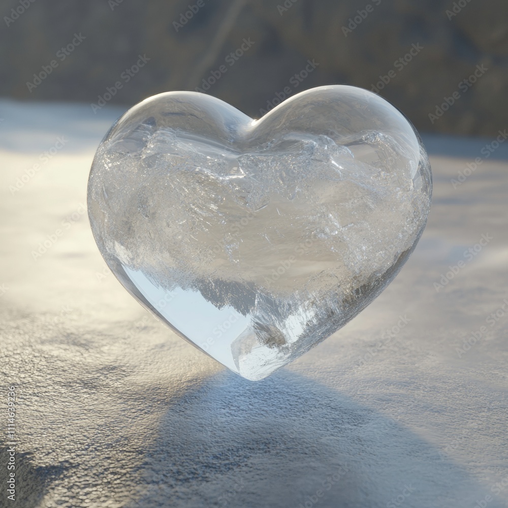 Poster 3d representation of a heart icon made of quartz-like material resting on a smooth surface