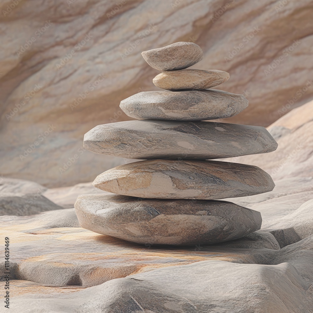 Poster abstract 3d rendering of stacked stones in calming earth tones