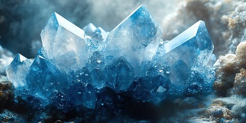 Obraz premium Beautiful blue crystals shimmering under natural light with a textured background in a serene setting