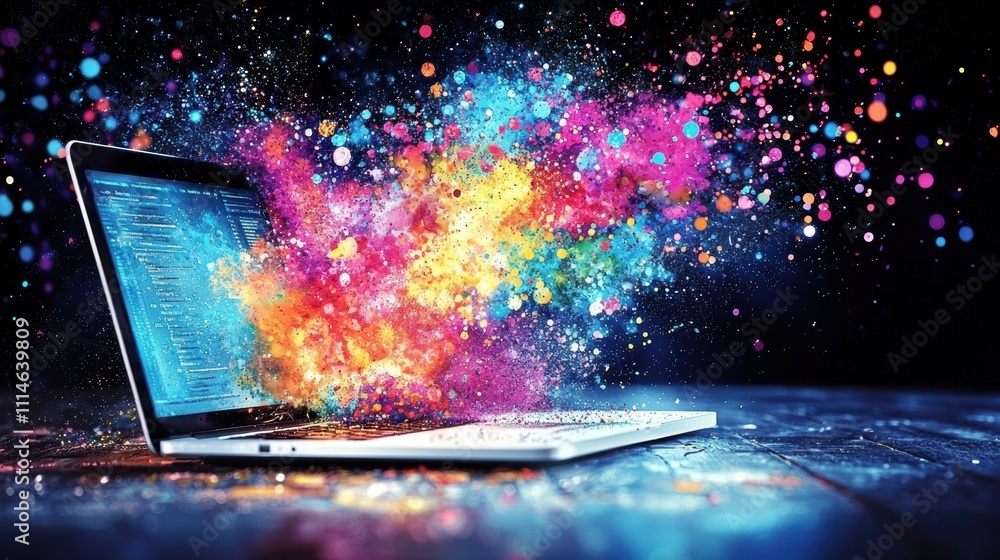 Poster open laptop emitting colorful abstract splashes and glowing particles in a dark environment.