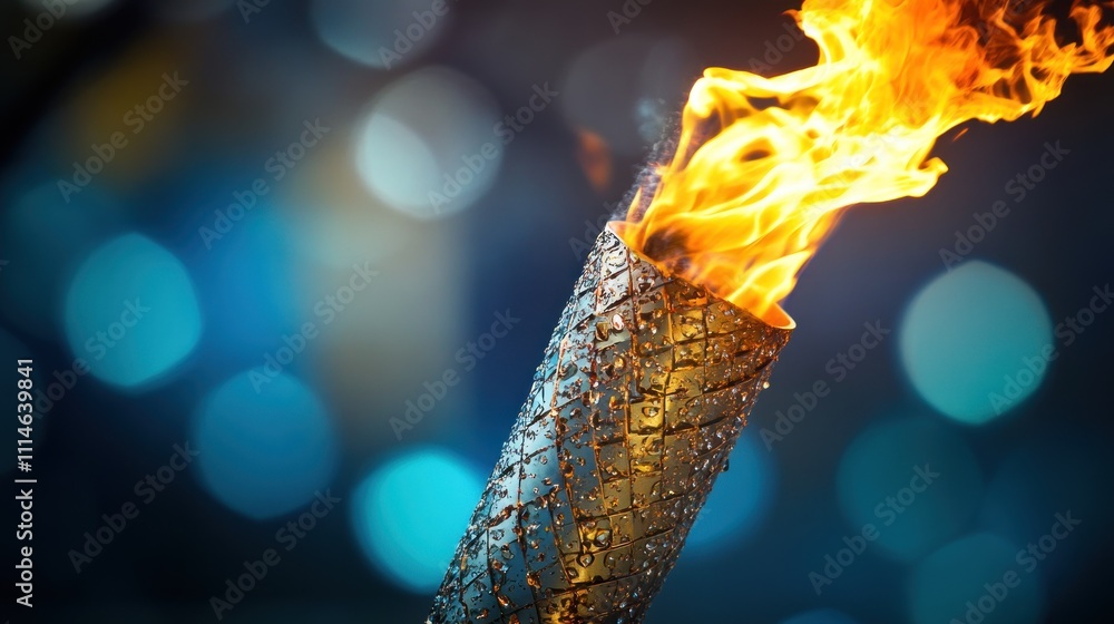 Poster flaming torch against a blurred blue background