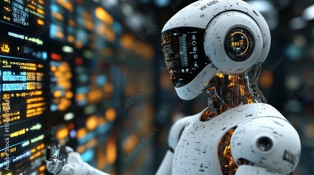 Poster ai technology. futuristic robot face close-up analyzing data on digital screens, artificial intellig