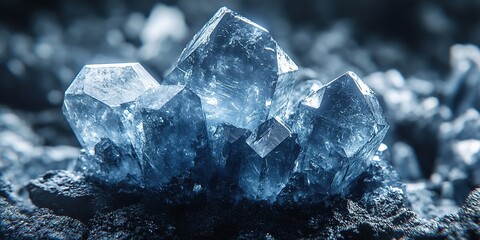 Obraz premium Beautiful blue crystals glimmering under soft light in a dark environment showcasing their intricate formations