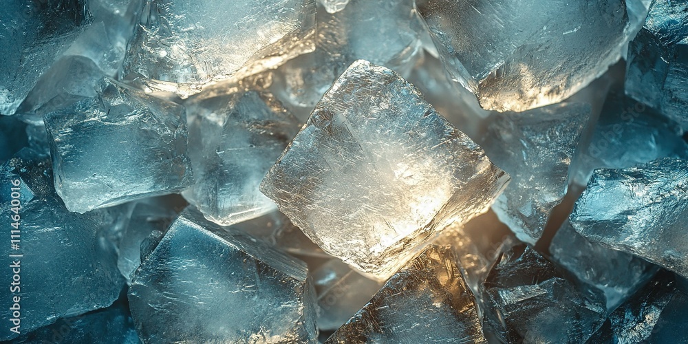 Poster ice cubes in a cool setting with unique textures and reflections illuminated from below