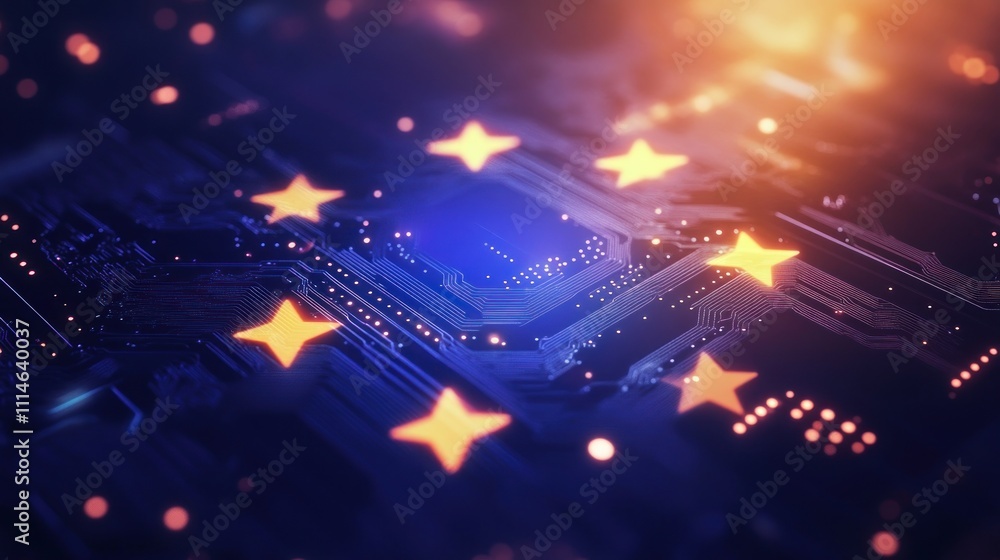 Poster Illuminated Stars on Circuit Board Abstract Design