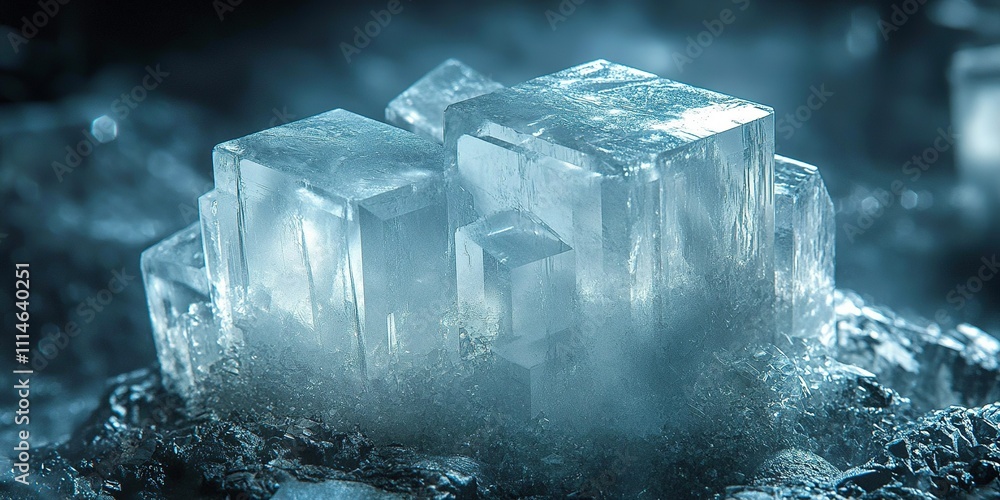 Poster ice crystals form intricate structures on a dark surface, capturing light in stunning detail during 
