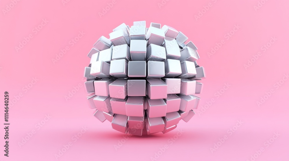 Aufkleber abstract 3d rendering of a sphere composed of numerous small, white cubes against a pink background.