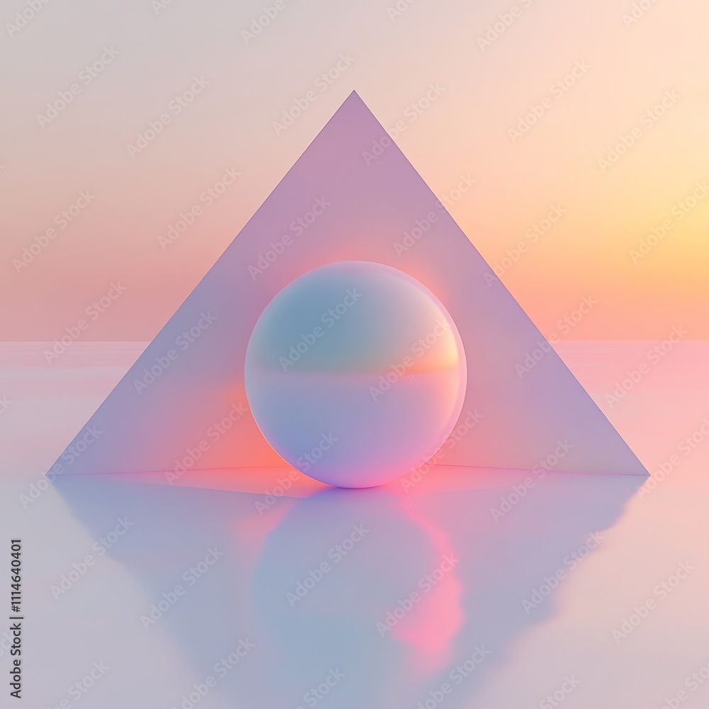Poster abstract floating sphere enclosed within a triangular cutout, rendered in soft gradients
