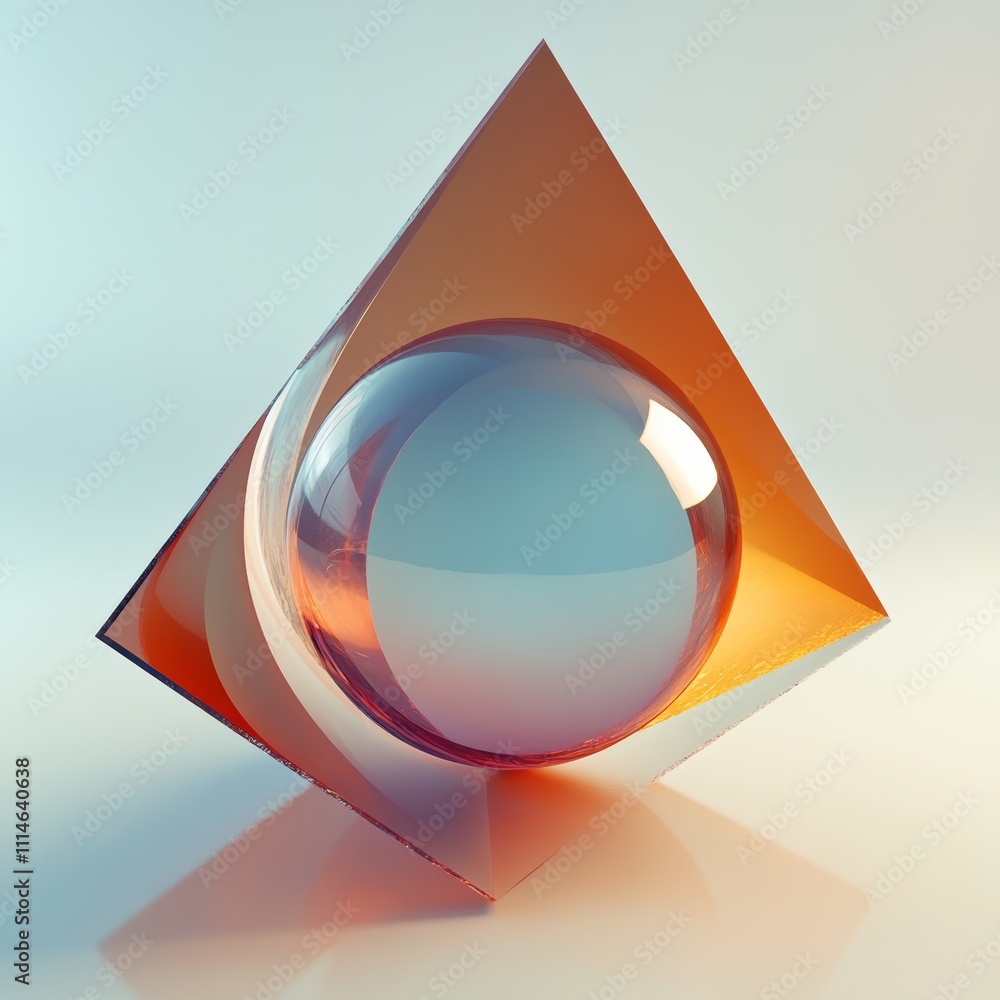 Poster abstract floating sphere enclosed within a triangular cutout, rendered in soft gradients