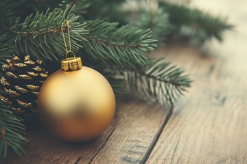 Golden Christmas Ornament with Pine Branch and Cone