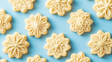 Isolated butter cookies in intricate mandala shapes, styled on a soft blue gradient background