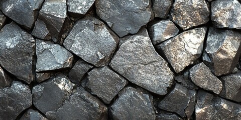 Fototapeta premium Dark textured stones arranged closely, showcasing mineral-rich patterns and natural variations in light