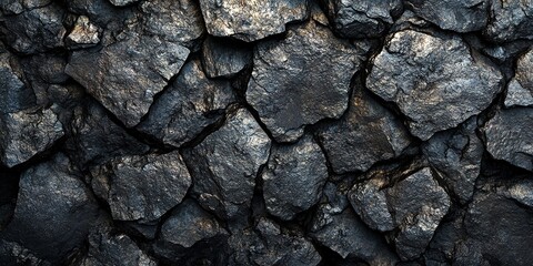 Fototapeta premium Dark textured coal rocks form an intricate pattern in a natural setting