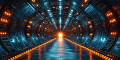 Fototapeta premium Futuristic Sci Fi Tunnel With Bright Orange Lights
